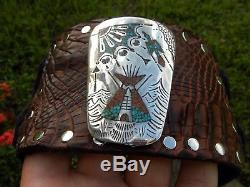 Alligator Bison leather ketoh bracelet Peyote Indian made Sterling Silver Inlay