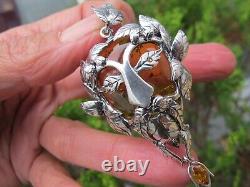 Amber Fossil Green Man Pendant 925 Sterling Silver Lithuanian Healing Hand made