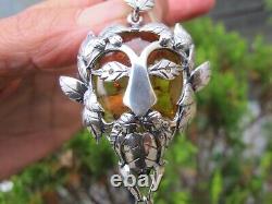 Amber Fossil Green Man Pendant 925 Sterling Silver Lithuanian Healing Hand made