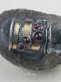 Amir Poran Sterling Silver & Gold Ring With Garnet, Art Nouveau, Made in Israel