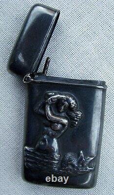 Antique 3-dimensional Embossed Hand Made Sterling Silver Nude Mermaid Match Safe