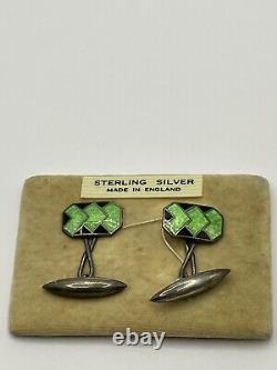 Antique Art Deco Cufflinks Sterling Silver Enamel Guilloche Made in England NEW