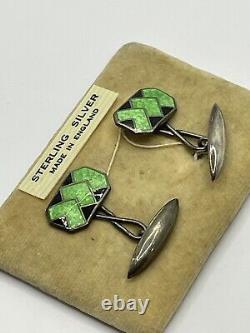 Antique Art Deco Cufflinks Sterling Silver Enamel Guilloche Made in England NEW