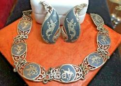 Antique Estate Sterling Silver Bracelet & Earring Set Made In Siam Nielloware