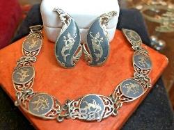 Antique Estate Sterling Silver Bracelet & Earring Set Made In Siam Nielloware