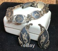 Antique Estate Sterling Silver Bracelet & Earring Set Made In Siam Nielloware