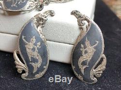 Antique Estate Sterling Silver Bracelet & Earring Set Made In Siam Nielloware