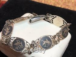 Antique Estate Sterling Silver Bracelet & Earring Set Made In Siam Nielloware