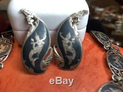 Antique Estate Sterling Silver Bracelet & Earring Set Made In Siam Nielloware