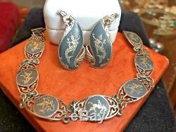 Antique Estate Sterling Silver Bracelet & Earring Set Made In Siam Nielloware