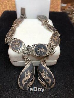 Antique Estate Sterling Silver Bracelet & Earring Set Made In Siam Nielloware