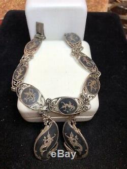 Antique Estate Sterling Silver Bracelet & Earring Set Made In Siam Nielloware