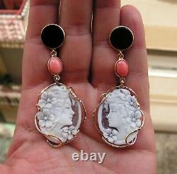 Antique Large Silver Yellow Lady Shell Drop Cameo Hanging Earrings Made In Italy