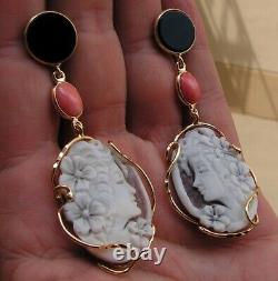 Antique Large Silver Yellow Lady Shell Drop Cameo Hanging Earrings Made In Italy