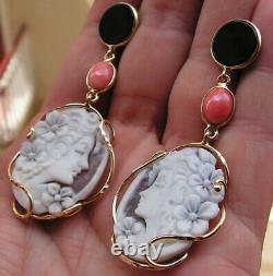 Antique Large Silver Yellow Lady Shell Drop Cameo Hanging Earrings Made In Italy