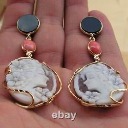 Antique Large Silver Yellow Lady Shell Drop Cameo Hanging Earrings Made In Italy