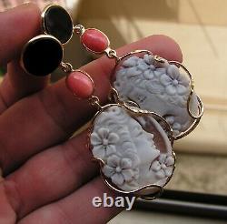 Antique Large Silver Yellow Lady Shell Drop Cameo Hanging Earrings Made In Italy