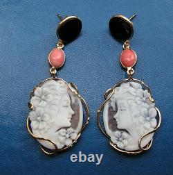 Antique Large Silver Yellow Lady Shell Drop Cameo Hanging Earrings Made In Italy