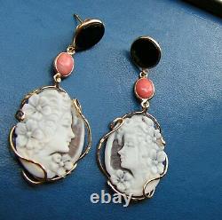 Antique Large Silver Yellow Lady Shell Drop Cameo Hanging Earrings Made In Italy