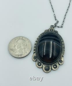 Antique Navajo Hand Made Sterling Silver Banded Black Agate Pendant Necklace