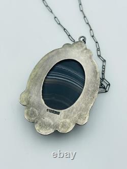 Antique Navajo Hand Made Sterling Silver Banded Black Agate Pendant Necklace