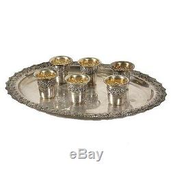 Antique Silver Repouse Wine Set of 6 Shot Cups & Tray Made of Sterling Silver