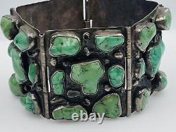 Antique Sterling Silver Green Turquoise Hand Made Wide Bracelet