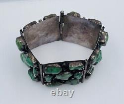 Antique Sterling Silver Green Turquoise Hand Made Wide Bracelet