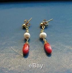Antique Style Genuine Big Coral + Pearl Earrings Carved Made in ITALY