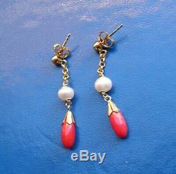 Antique Style Genuine Big Coral + Pearl Earrings Carved Made in ITALY