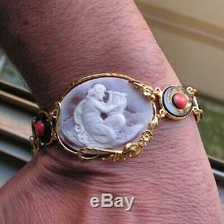 Antique Style Victorian Shell Cameo Bracelet + Coral Red Made In Italy