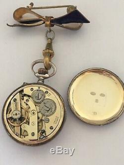 Antique Victorian Blue Enamel Silver Swiss Made Broach / Fob Watch