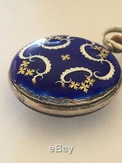 Antique Victorian Blue Enamel Silver Swiss Made Broach / Fob Watch