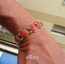 Antique Victorian Superb Carved Natural Red Coral Bracelet SilverGold Italy Made