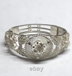 Antique hand made sterling silver hinged filigree cuff bangle 6 Wrist 22.6 Gram