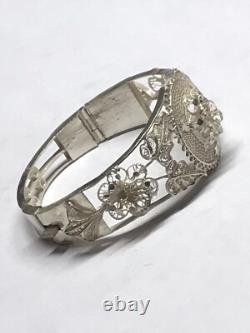 Antique hand made sterling silver hinged filigree cuff bangle 6 Wrist 22.6 Gram