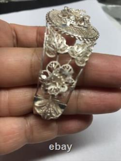 Antique hand made sterling silver hinged filigree cuff bangle 6 Wrist 22.6 Gram