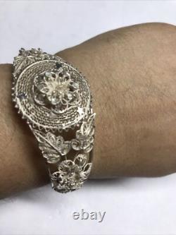 Antique hand made sterling silver hinged filigree cuff bangle 6 Wrist 22.6 Gram