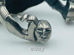 Artisan Hand Made Sterling Silver Sculptural Mouth Lips Faces Cuff Bracelet