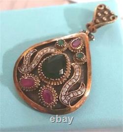 Artisan Made 925 Sterling Silver Pendant Gold Wash 3 Large Ruby Stones TOTAL WOW