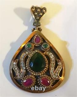 Artisan Made 925 Sterling Silver Pendant Gold Wash 3 Large Ruby Stones TOTAL WOW