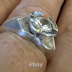 Artisan Made Estate Sterling Silver & 14k Accent White Stone Engagement Ring 6.5