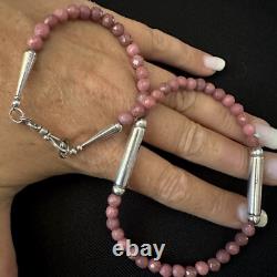 Artisan Made Estate Sterling Silver Faceted Pink Rhodochrosite Necklace 17 3/4