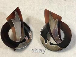 Artisan Made Large Sterling Silver Faux Tortoise Shell Amazing Pierced Earrings