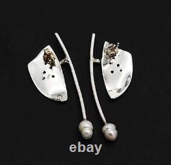 Artisan Made Sterling Silver 14K Gold Blister Pearl Modernist Long Drop Earrings