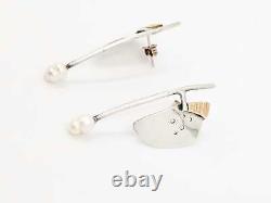 Artisan Made Sterling Silver 14K Gold Blister Pearl Modernist Long Drop Earrings