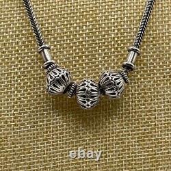 Artisan Made Sterling Silver. 925 Pierced 3-Orb Necklace Wheat Chain 30 grams