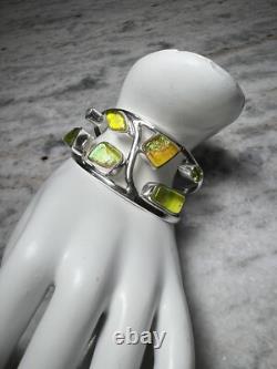 Artisan Made Sterling Silver Bracelet, Dichroic Glass, Peridot, Citrine, Cuff