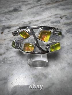 Artisan Made Sterling Silver Bracelet, Dichroic Glass, Peridot, Citrine, Cuff