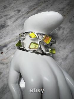 Artisan Made Sterling Silver Bracelet, Dichroic Glass, Peridot, Citrine, Cuff